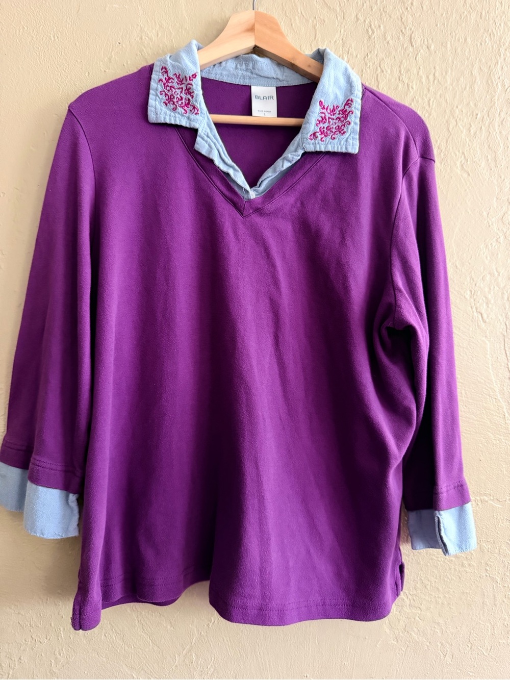 Blair Purple Pullover with Light Blue Embroidered Collar